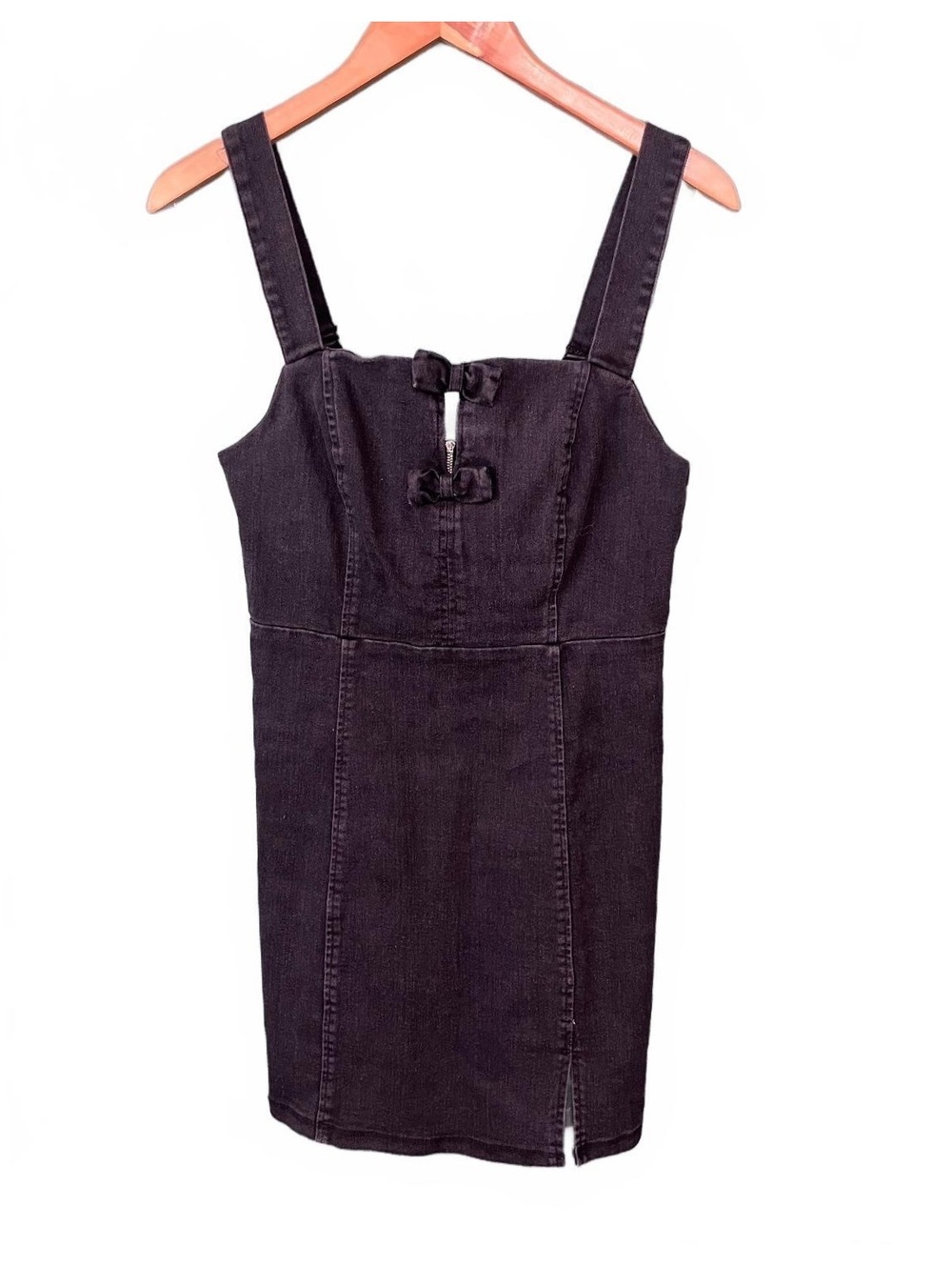 Washed Black Denim Mini Dress Front Bows Corset Stitch Slit Coquette Y2K Size L